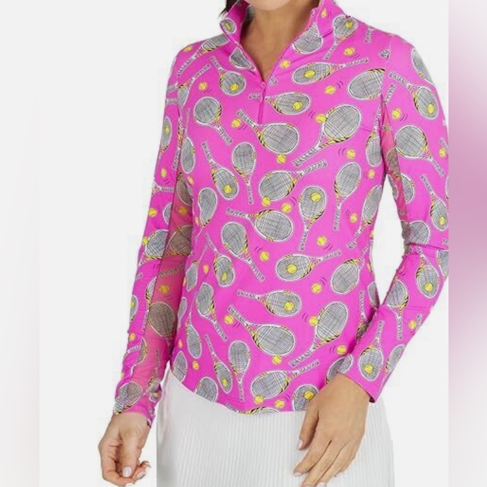 IBKUL tennis racquets hot pink zip mock neck top with mesh sleeve. Med and Lg